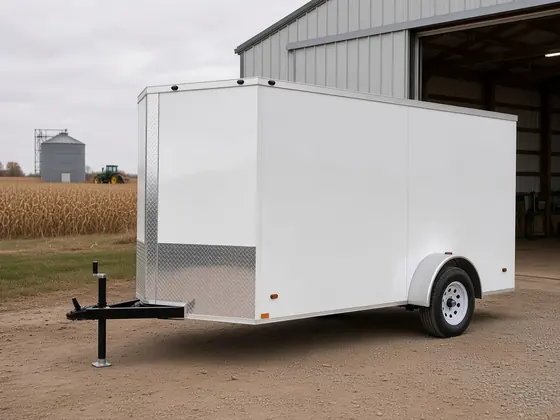 A white enclosed cargo trailer parked beside a farm shop