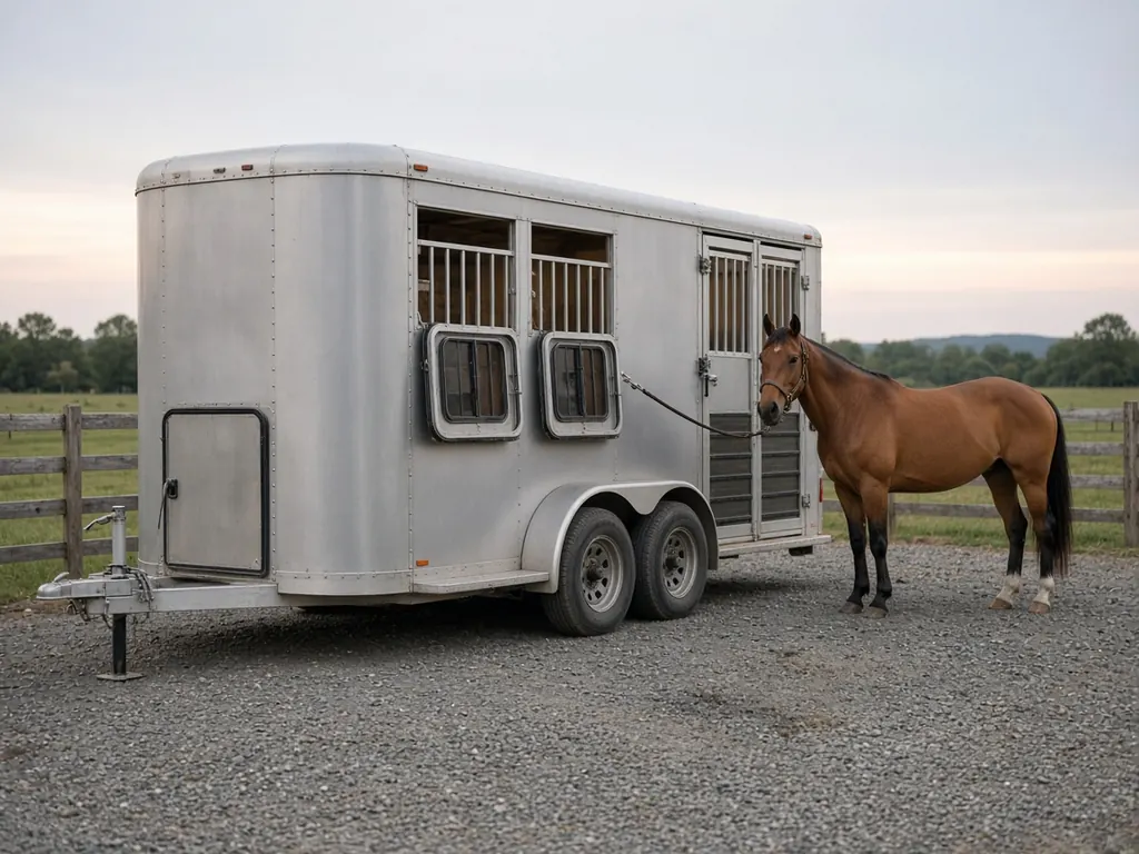 A silver two horse trailer with a bay horse beside it at a ranch