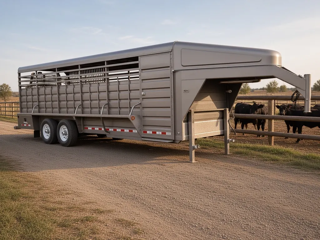 A gray gooseneck stock trailer parked beside a pasture fence with cattle