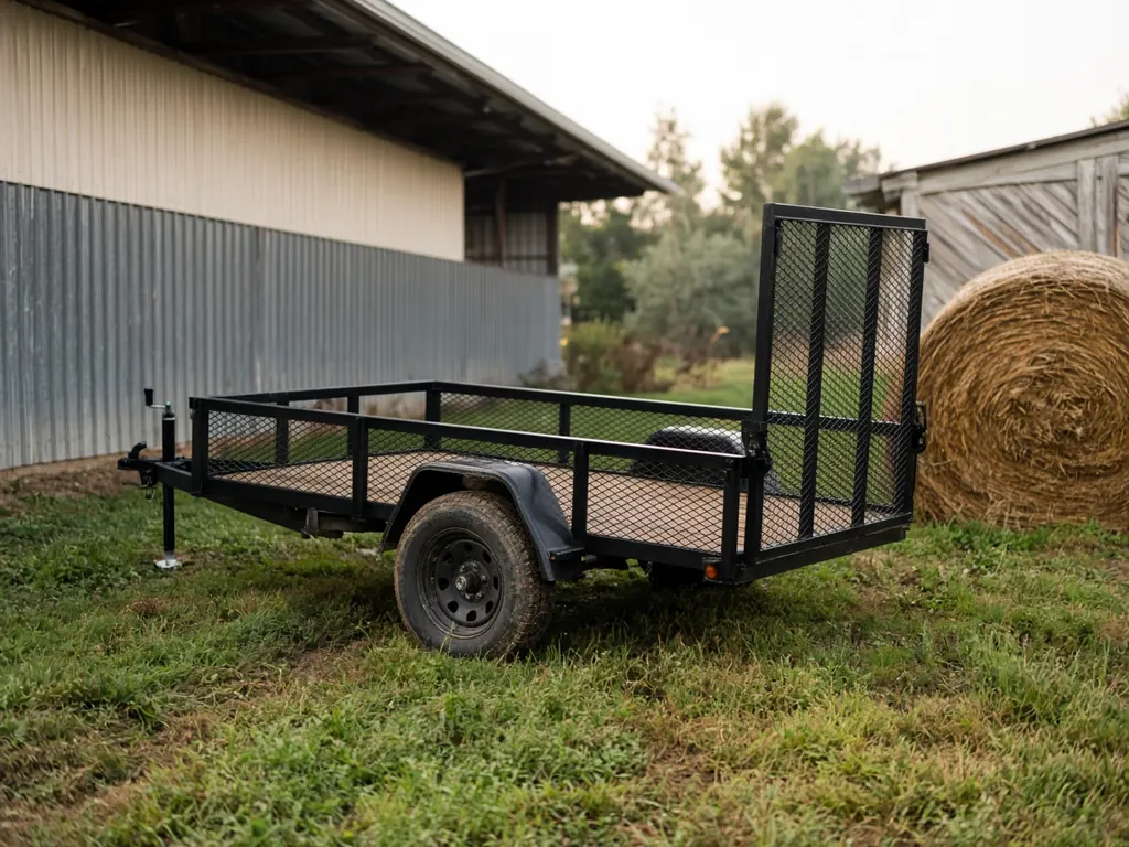 A black open utility trailer with a fold up ramp gate on a grass yard